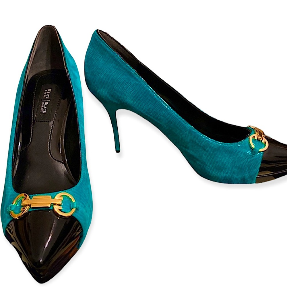 WHITE HOUSE BLACK MARKET  |  TURQUOISE SNAKESKIN HEELS SZ 6